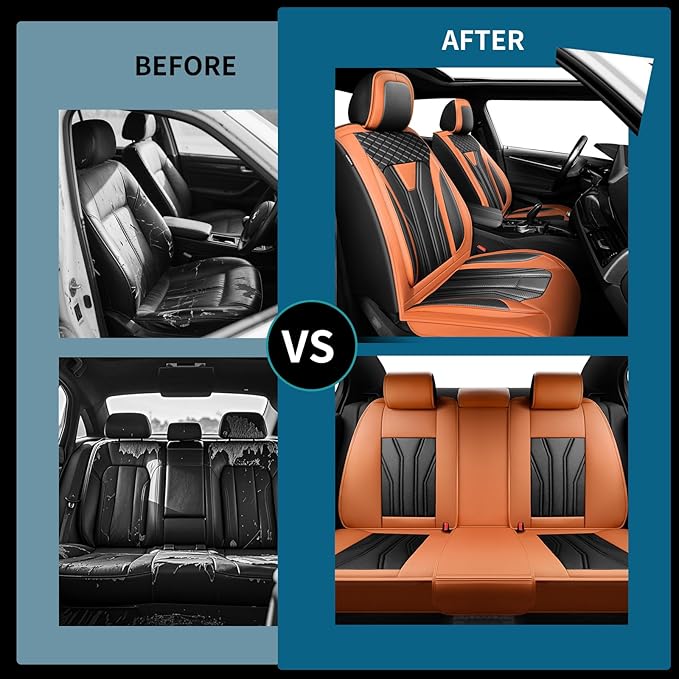 Fit Compass Car Seat Covers for Jeep Compass 2007-2025 2026 -Full Set Premium Leather, Waterproof & Breathable，All-Weather Seat Cushion Protecto & Airbag Compatible, 5 Seats Orange & Black