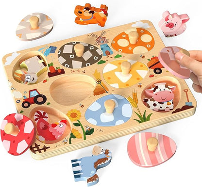 Wooden Puzzles for Toddlers, 8 Pcs Farm Animal Matching Egg Puzzle, Montessori Toys for Boy Girl Easter Birthday Gifts, Preschool Learning Activities & Educational Toys for Boys, Girls