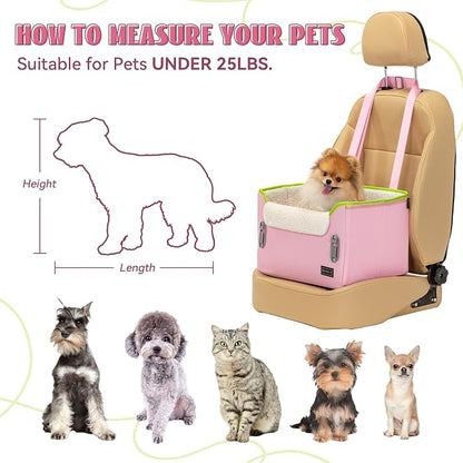 PETSFIT Small Dog Car Seat – Patented Safety Buckles – Safety Tether – Foldable Travel Cat Car Seat Reduces Anxiety & Road Trips – Stable Frame, Soft Cushion, Fits Front/Back Seat (Pink)
