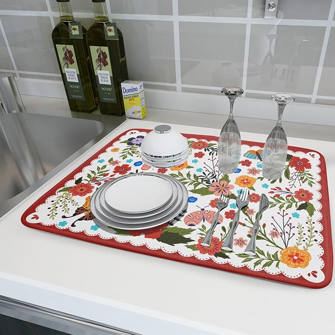 Large Microfiber Dish Drying Mat Red Floral Absorbent Drying Pad