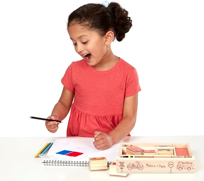 Melissa & Doug Wooden Stamp Set: Vehicles - 10 Stamps, 5 Colored Pencils, 2-Color Stamp Pad