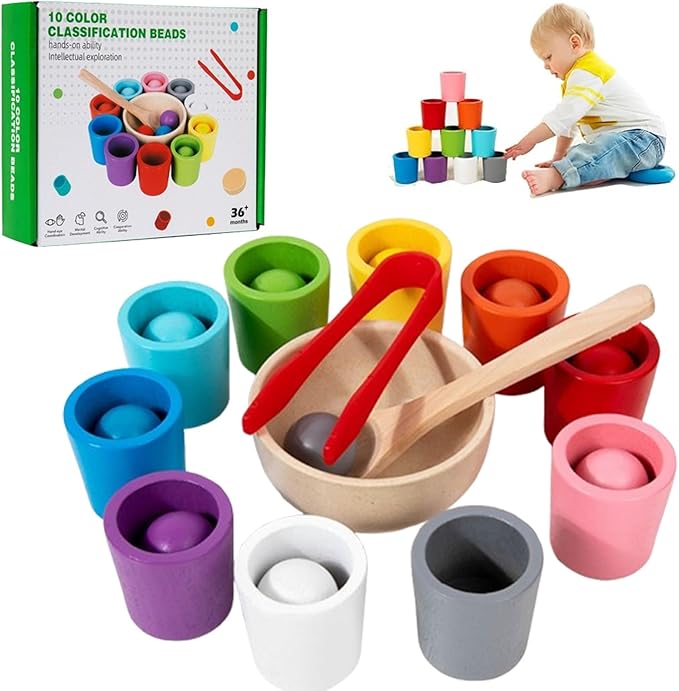 Rainbow Balls in Cups Toddler Toys, Kids Color Classification Cup Game, 10 Color Classification Beads, Wooden Colors Sorting Toy with 10 Ball, Learning Colors Sorting and Counting(10 Color)