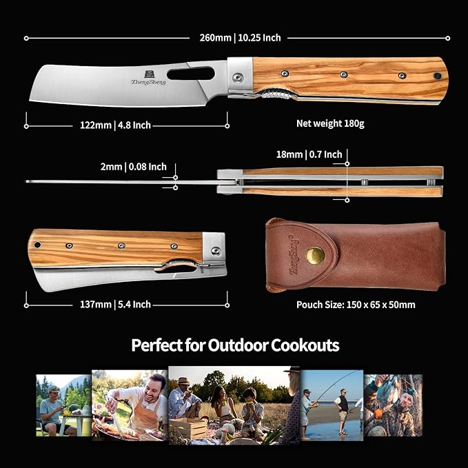 Folding Chef Knife with Leather Pouch 4.8” Sharp 440A Stainless Steel Blade Olive Handle Pocket Foldable Japanese Style Kitchen Knife for Outdoor Camping BBQ trip Cooking.