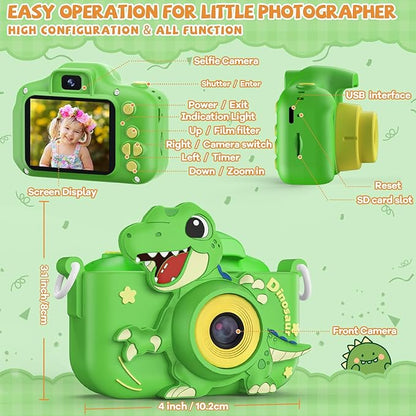 Upgraded 48MP Kids Camera for Girls Boys 3-12, Video Selfie Camera-Christmas Birthday Dinosaur Gift for Toddler, HD Digital Camera Toy for Child with 32GB SD Card & Silicone Cover (Green)