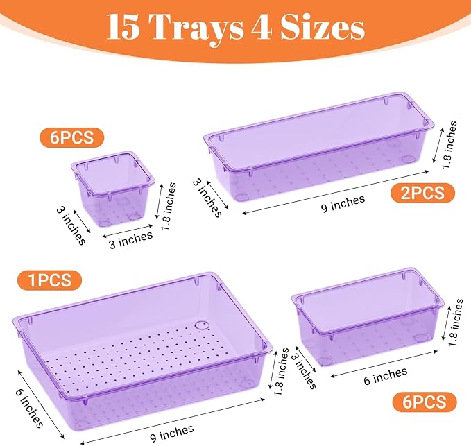SpaceHacks 15 PCS Clear Plastic Drawer Organizer Set, 4-Size Acrylic Drawer