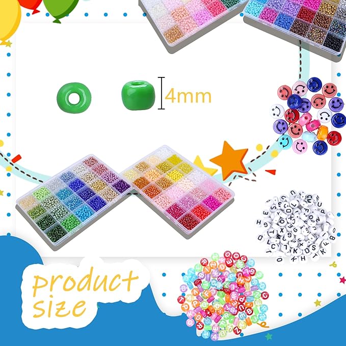 EFIVS ARTS Seed Beads 96 Colors 4MM Small Beads Kit Tiny Bracelet Waist Beads Set with Pendant Charms Letter Beads Kit for Concert Bracelets DIY Making