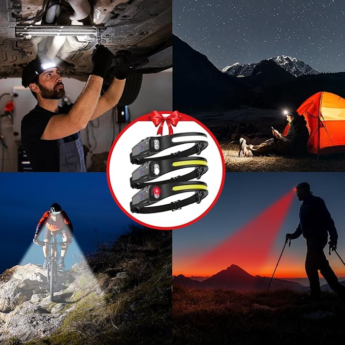 Headlamp Rechargeable 3Pack, 230° Wide Beam LED Headlamp, 7Mode Headlamps for Adults, Head Lamp with Motion Sensor, Red Light Head Lamps LED Rechargeable, Head Lights for Forehead Running Camping
