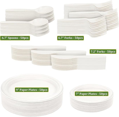 250PCS Disposable Paper Plates Set and Utensils, Compostable Dinnerware 9 and 7inch Plates, Biodegradable Paper Plates, Forks, Knives and Spoons for Party 50 People