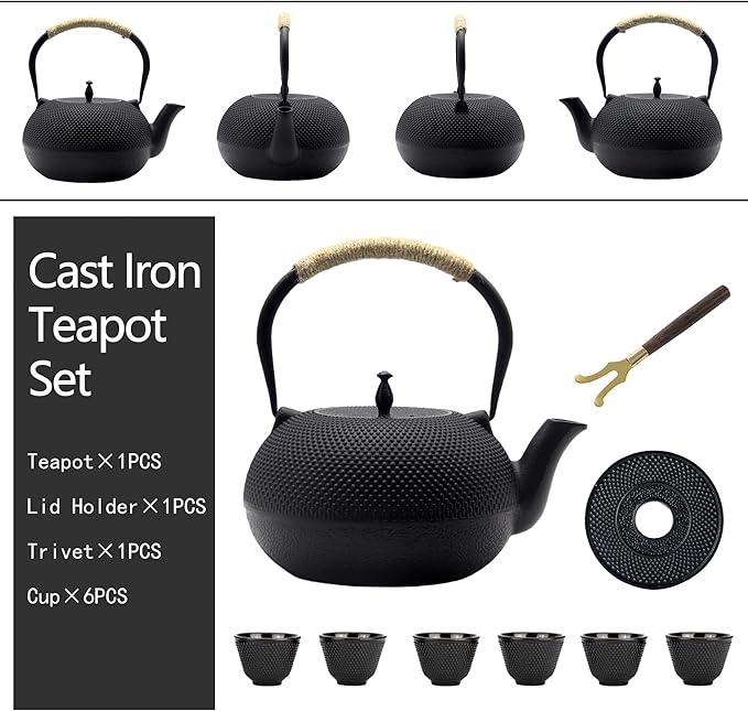 Big Cast Iron Teapot Set with Cups, Japanese Tetsubin Tea Kettle for Stovetop Safe, Cast Iron Tea Set with Tea Strainer for Loose Tea and Enameled Interior (1800ml Teapot Set with Cups)