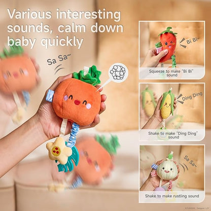 TUMAMA Hanging Baby Toys, 4 Pack Vegetable Crib Stroller Baby Gym Mobile Plush Toys, Early Baby Cognitive Sensory Hanging Rattle Toys with Teether. Suitable for Babies 0, 3, 6, 9, 12 Months