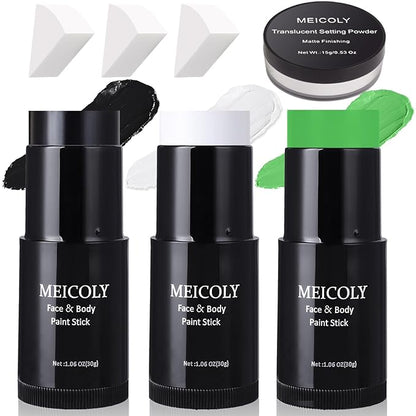 MEICOLY 7Pcs Black White Green Face Body Paint Stick Set with Setting Powder and Sponges,Clown Black White Face Paint,Elphaba Face Paint Makeup,Green Body Paint for Halloween SFX Cosplay Witch Makeup
