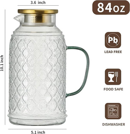 Buaic Glass Pitcher with Lid, 84 oz/2.5 Liter Vintage Water Pitcher, Iced Tea