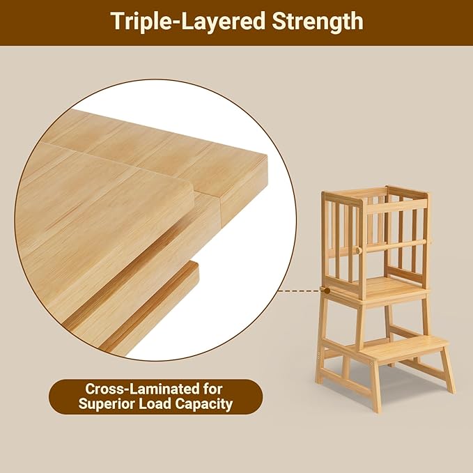 COSYLAND Kitchen Step Stool for Toddlers – Stable A-Frame Design Kids Standing Tower with Protective Crossbar – Wooden Learning Stool for Kitchen Island Counter, Bathroom (Natural)