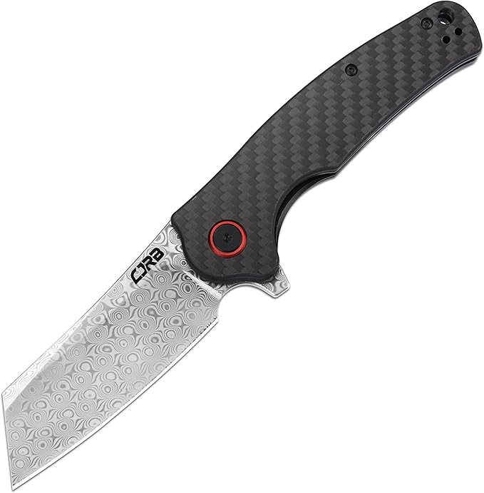 CJRB Crag Folding Pocket Knife, 3.43" Rose Damascus steel Blade Carbon Fiber Handle EDC Knife with Pocket Clip for Men Women Camping Survival Hiking, Damascus (J1904)