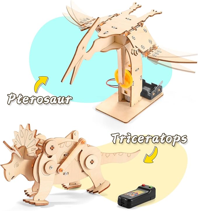 Dinosaur STEM Kits for Kids Ages 6-8-10-12, 4 in 1 Wood Building Toys for Boys Age 8-12, Build It Yourself Woodworking Kit, DIY 3D Wooden Puzzles Model Science Crafts for Kids, Stem Projects