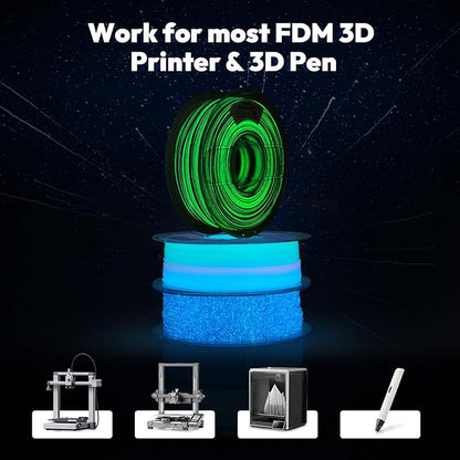 AMOLEN PLA 3D Printer Filament 1.75mm, Glow in the Dark Shiny Multicolor Black Green Filament, Fast Color Change Filament for 3D Printer, Best with UV Lamp, 1kg Spool, Dimensional Accuracy +/- 0.02 mm