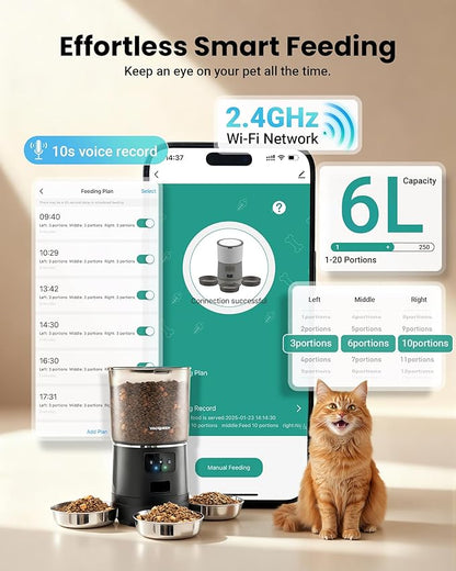 Automatic Cat Feeder for 3 Cats, 6L/25 Cup Cat Food Dispenser