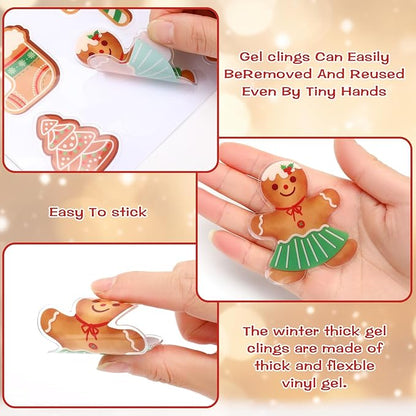 MARFOREVER 50 PCS Christmas Gel Window Clings, Reusable Gingerbread Man Theme Thick Gel Clings Stickers Decals for Christmas Kids Gift Toddlers Classroom Xmas Party Supplies Window Glass Decoration