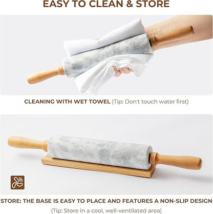 Marble Rolling Pin with Non-Stick Silicone Mat & Wood Base, 16.9-Inch Heavy