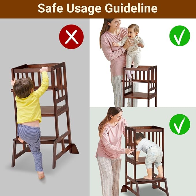 COSYLAND Toddler Standing Tower - Adjustable Height Toddler Kitchen Stool Helper - Kids Kitchen Step Stool for Learning with Removable Safety Railing Brown