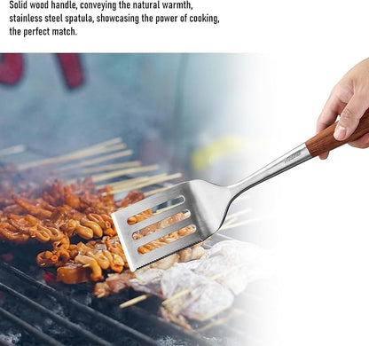 KULUNER Professional Grade Stainless Steel Cooking Spatula - 17 Inches, Sturdy and Durable, Premium Solid Wood Handle, with Bottle Opener, Suitable for Barbecue, Outdoor Kitchens, and Grilling Food