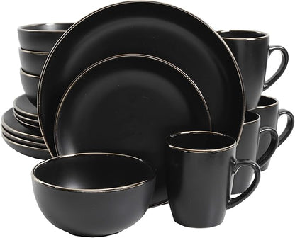 Gibson Home Rockaway Round Stoneware Dinnerware Set, Service for 4 (16pcs), Black/Gold Rim