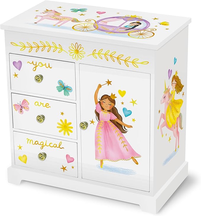 Giggle & Honey Princess Musical Jewelry Box for Girls - Kids Music Box with Drawers, Fairytale Gifts for Girls Birthday, Princess Jewelry Boxes for Ages 3-10 - 9 x 5 x 9.3 in, White
