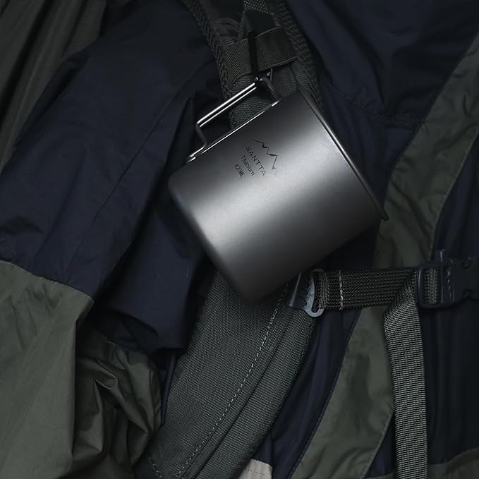 SANTTA Titanium Cup | 14 OZ Leightweight Camping Mug with Foldable Handle and Lid 420mL