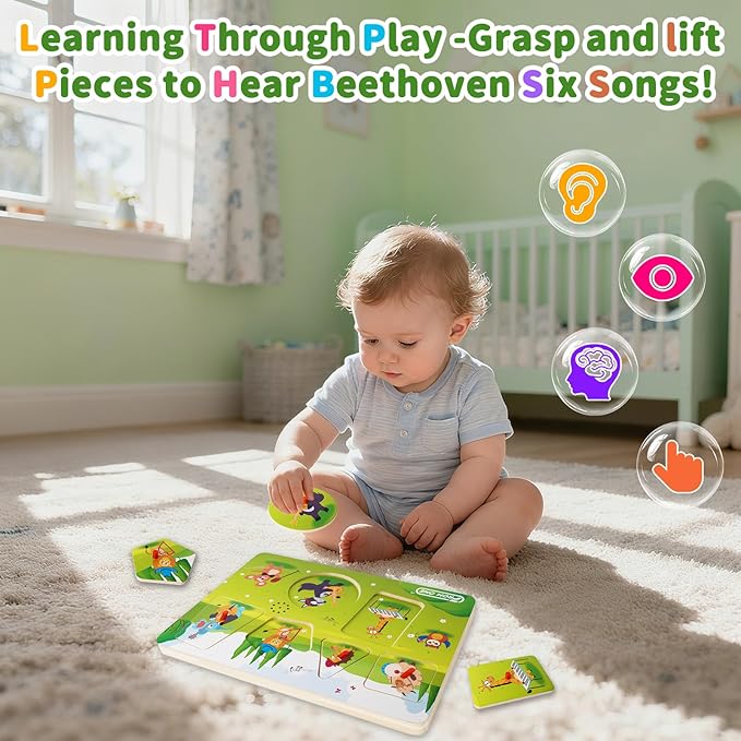 Wooden Sound Puzzle for Toddlers 1-5 Years– 6 Farm Animals & Songs Learning Toy, Educational Interactive Music Pegged Puzzles for Fine Motor Skills