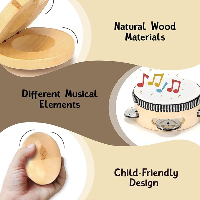 Natural Wood Baby Toys - Musical Toys for Toddlers 1-3: Toddler Musical Instruments Set of 5 in 1, with a Tambourine, Egg Shaker, Castanet, Maracas and Xylophone for Kids at All Ages