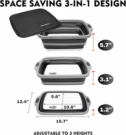 Collapsible Large (8L) BBQ Marinating Tub w/Cutting Board | Multipurpose Food-Grade TPE Prep Tub w/Lid | Built-in Colander & Drain Plug - for Camping | Tailgate | Picnic - Slate Black