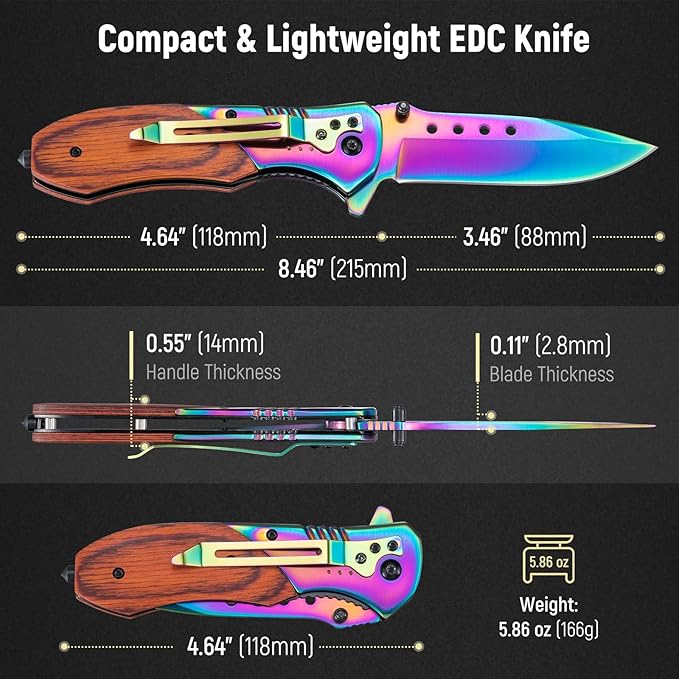 Pocket Knife for Men - 3.46" Sharp Blade Wood Handle Pocket Folding Knives with Clip, Glass Breaker - EDC Knives for Survival Camping Fishing Hiking Hunting Women, Rainbow
