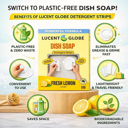 Lucent Globe Dish Soap Sheets – Fresh Lemon Scent – Dawn Replacement, Cuts Through Grease, 100 Washes, Liquidless, Spot-Free Finish, Hard Water Compatible, 100% Plastic-Free, Natural Ingredients