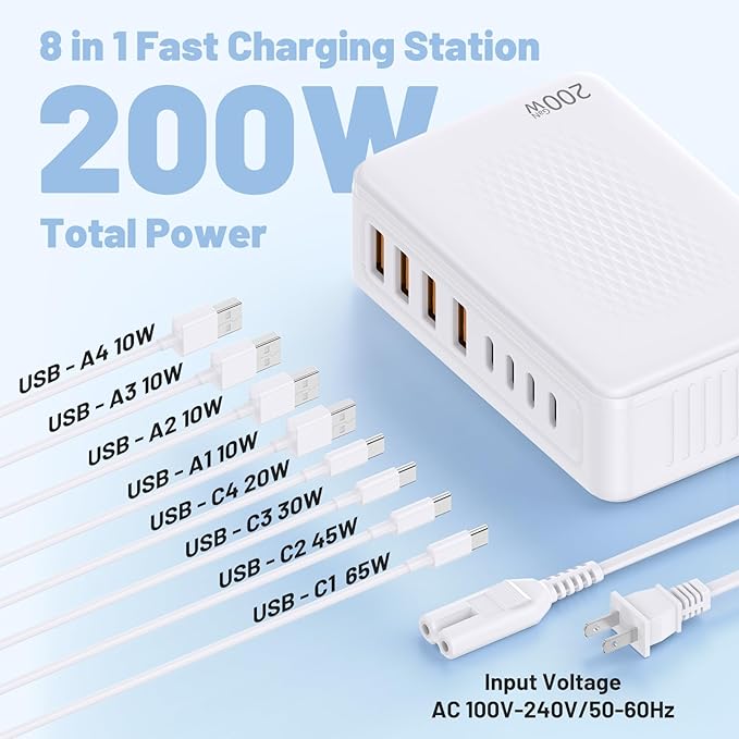 200W USB C Charging Station, 8-Port GaN USB C Charger Block, PD 65W Desktop