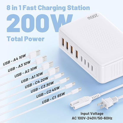200W USB C Charging Station, 8-Port GaN USB C Charger Block, PD 65W Desktop