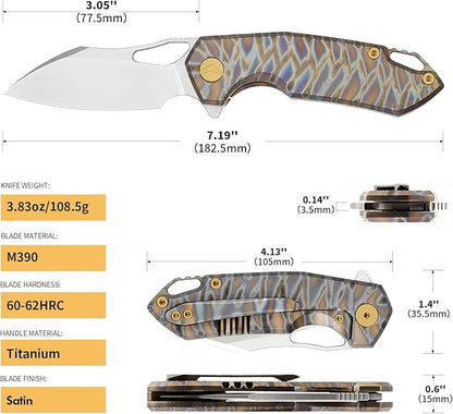 Folding Knife pocket knife EDC Knife With Clip Survival knife Camping knife - M390 Steel Titanium Handle - Outdoor Hiking Survival Hunting knife with Sheath (Colourful)