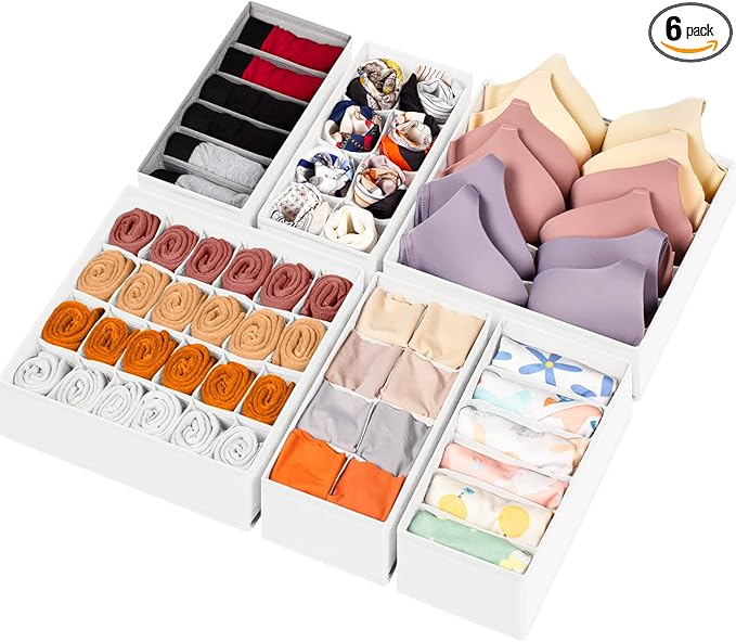 6 Pack Sock Underwear Drawer Organizer Dividers, 58 Cell Foldable Fabric