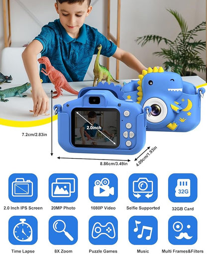 Kids Camera, Dinosaur Toddler Digital Camera for Boys Girls, Christmas Birthday Gifts, Selfie 1080P Camera for 3 4 5 6 7 8 9 Years Old Toys Dark Blue