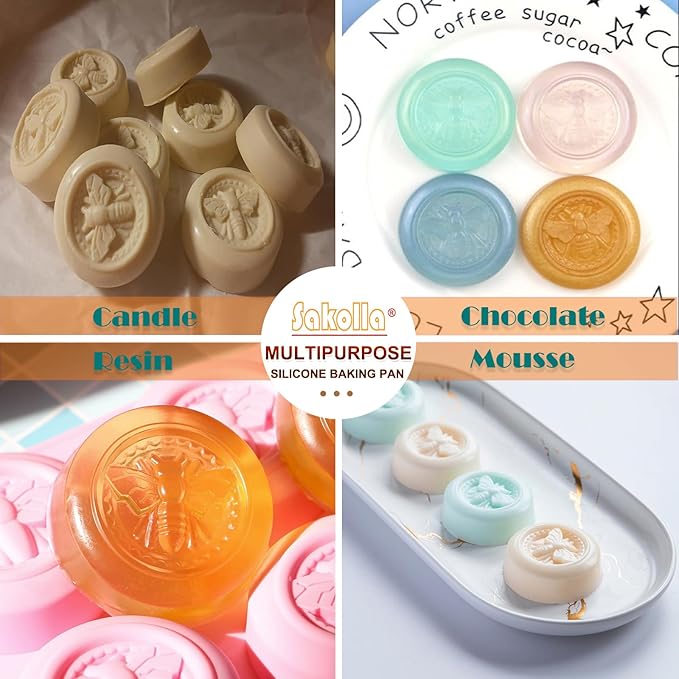 Sakolla 2 Pack Silicone Soap Molds, 6 Cavity Round Honeybee Silicone Molds for Homemade Soaps, Lotion Bar, Jello, Bath Bomb, Beeswax, Resin, Chocolate and Dessert (Pink)