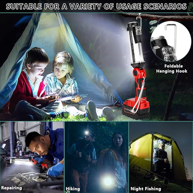 Cordless LED Work Light Compatible with Milwaukee 18v Battery, Hiesuan 35W 2000LM Outdoor Flashlight Portable Camping Lanterns with Hook, 90°Rotatable for Car Repairing, Job Site Lighting, Emergency