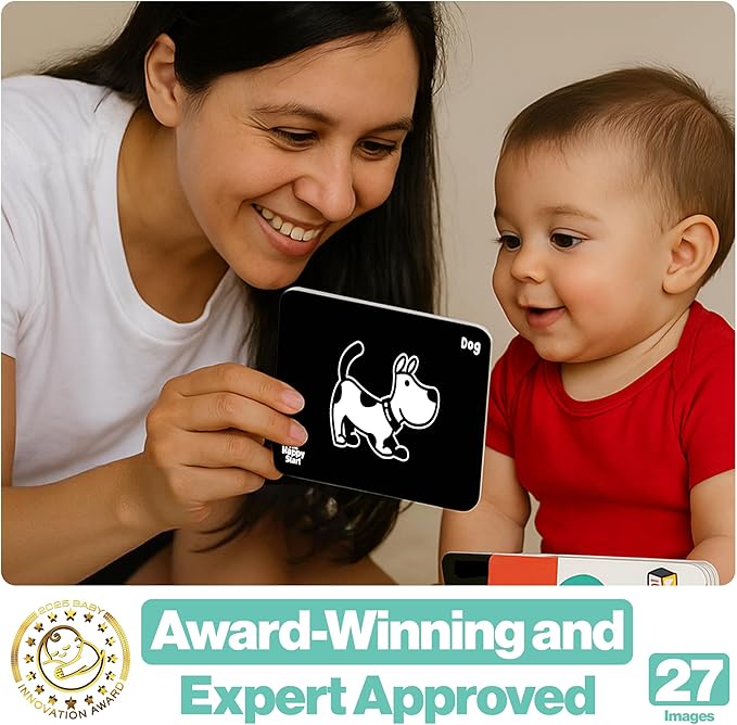 Happy Start High Contrast Baby Cards for Newborns - Black & White Cards, Water-Resistant, BPA-Free, Portable Educational Flashcards for Visual Stimulation, Award-Winning, Ages 0+ (English)