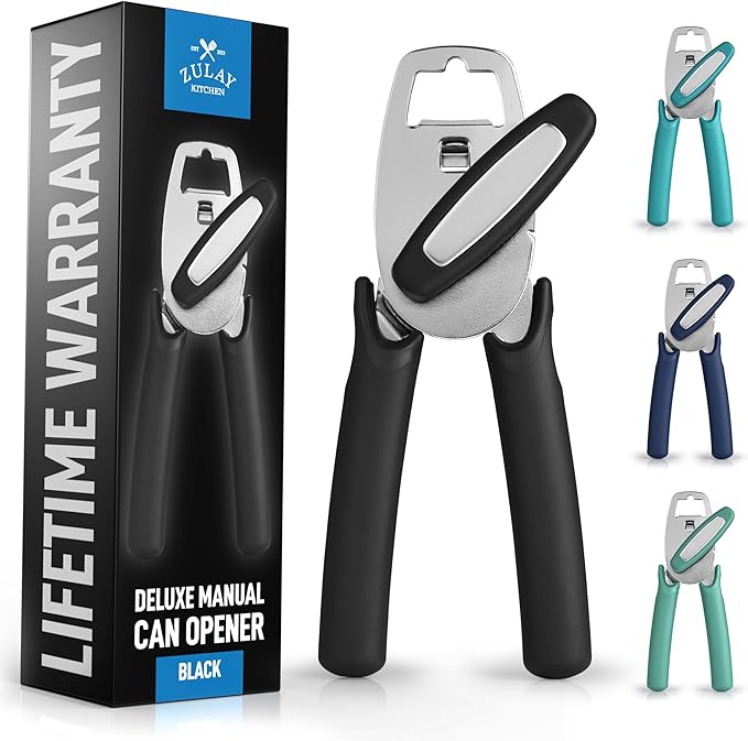 Zulay Kitchen Heavy Duty Stainless Steel Manual Can Opener – Ergonomic Soft Grip Handles, Smooth Edge Cutting Wheel & Large Built In Bottle Opener – Easy Turn Knob for Effortless Use - Black