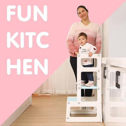 SDADI Adjustable Height Kids Kitchen Step Stool with Removable Safety Rails and Anti-Slip Protection- Toddler Standing Tower with with Ring Toss for Learning and Playing (Beige and Blue)