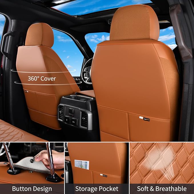 Huidasource F150 Truck Seat Covers Fit for 2015-2025 Ford F150 & 2017-2025 F250 F350 F450 Crew Cab XL XLT Lariat King Ranch Platinum, Full Coverage Leather Automotive Seat Cover(Full Set/Brown)