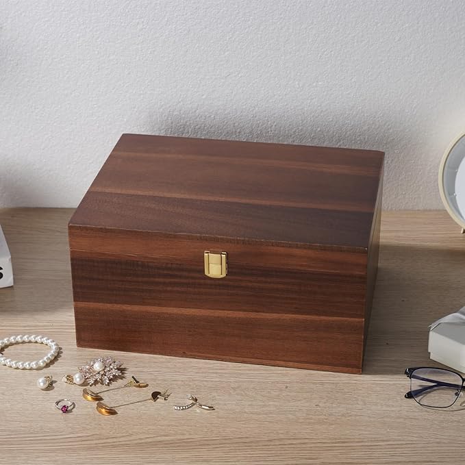 Large Wooden Storage Box - Wood Box with Lid for Home Decor, Ideal for Keepsakes, Trinkets, Jewelry & Photo, 12.5x9.4x6.1 IN, Wood Keepsake Memory Gift Boxes, Rustic Design-WB004- X Large