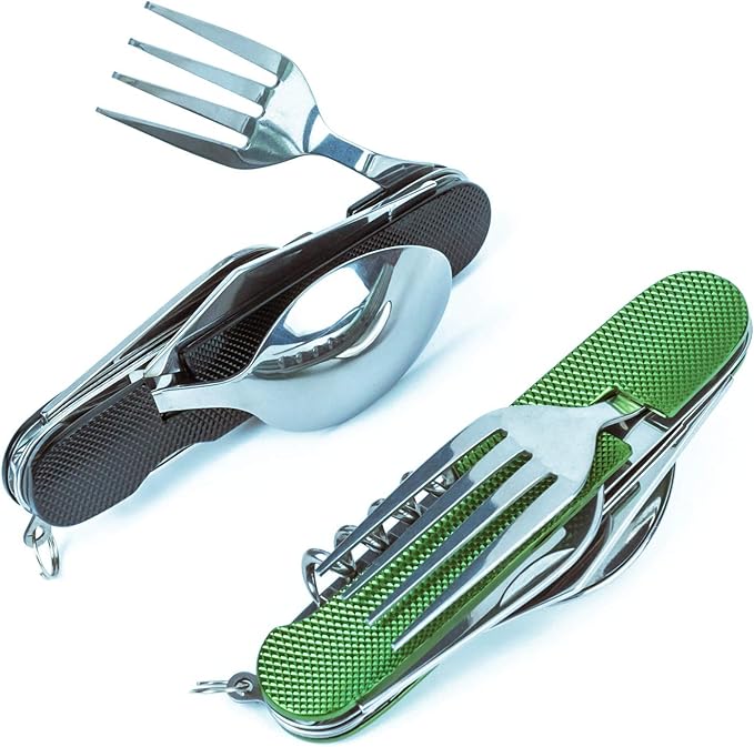 6-in-1 Multi-Function Camping Utensil Flatware Set Detachable Spoon Fork Knife Combo Mess Kit with Carrying Pouch (Black + Green)