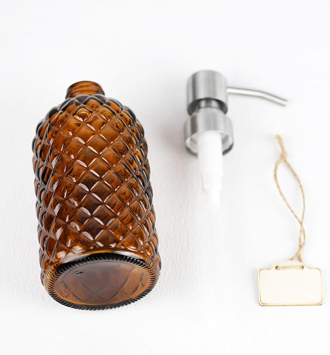 16 oz Diamond Pattern Glass Soap Dispenser, Kitchen and Bathroom Refillable