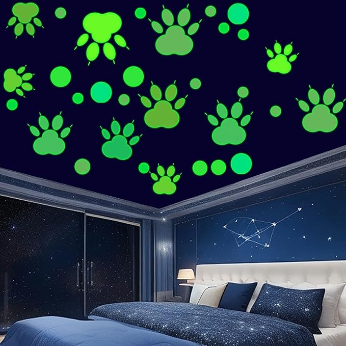 Glow in The Dark Paw Print Stickers, 128 PCS Luminous Colorful Dog Paws Wall Decals for Kids' Bedroom, Nursery, Playroom & Party Room Decor