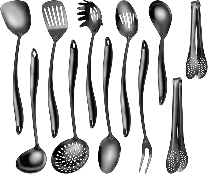 304 Stainlss Steel Matte Kitchen Utensils Set, 11 Pcs Long Metal Cooking Utensil Gadgets Tools Set with Spatula, Ladle, Spoon, Skimmer, Turner, Pasta Server, Tongs(Black, Dishwasher Safe)