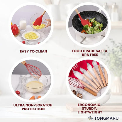 Silicone Cooking Utensils Set, Premium Beech Wood Handle Kitchen Gadgets Utensil Set, Non-Stick Kitchen Utensils Spatula, Tongs, Turner, Whisk, Brush, Spoon, BPA FREE, 446°F Resistant (Red)